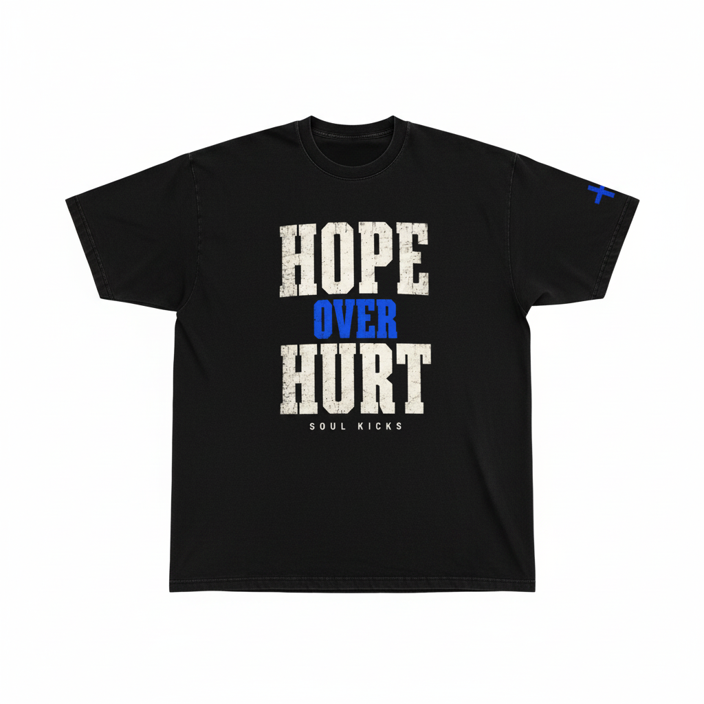 Hope Over Hurt tee, Royal edition, bold block lettering with blue accent, front design only