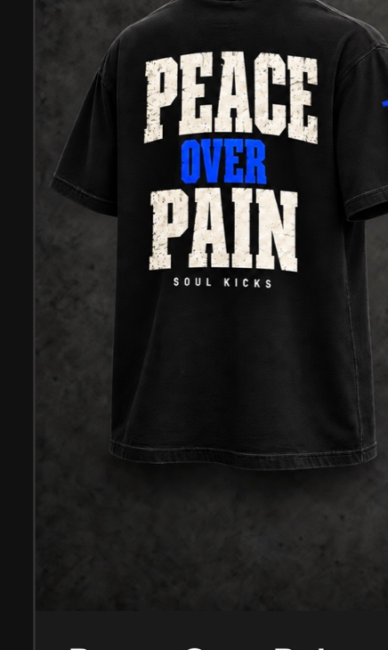 Peace Over Pain tee - Royal edition, bold block lettering, blue accent