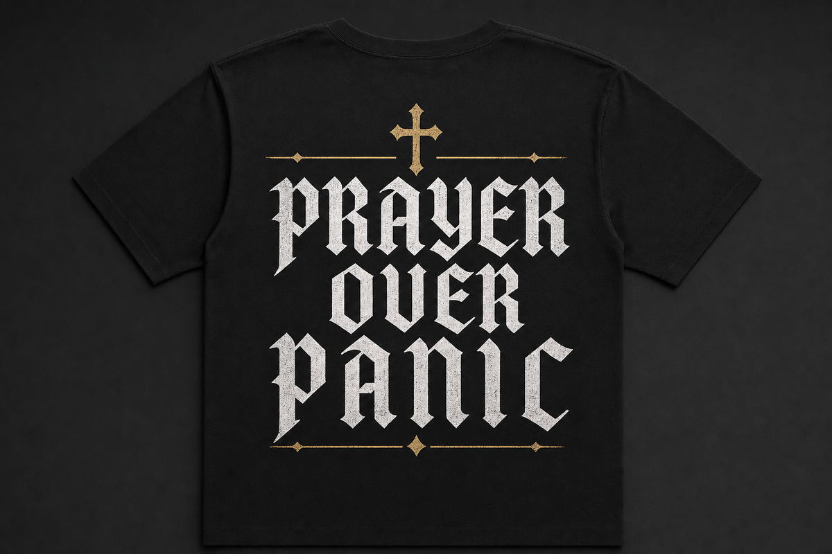 Prayer Over Panic tee - smooth premium black unisex shirt with Old English PRAYER OVER PANIC back print and gold cross