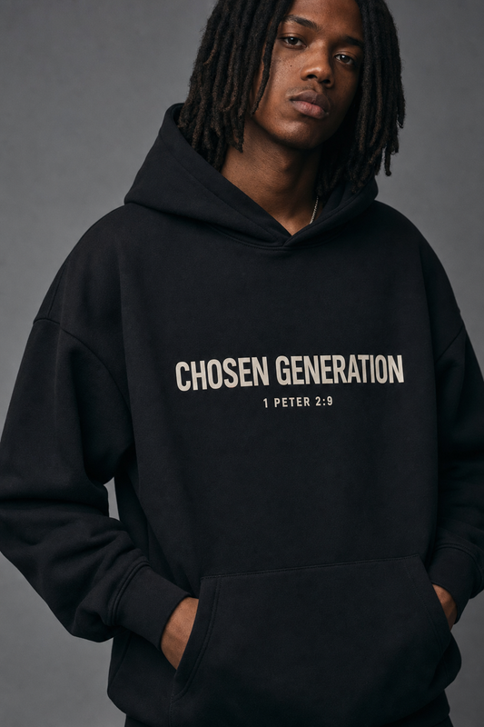 Chosen Generation Hoodie - model wearing black hoodie with bold cream chest print