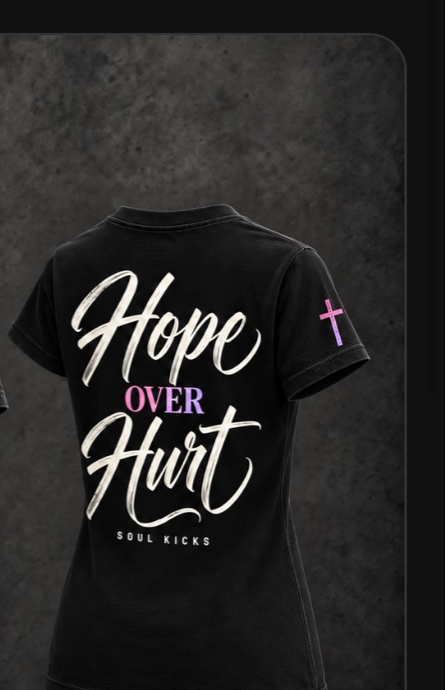Hope Over Hurt tee - Grace edition, script lettering, pink accent