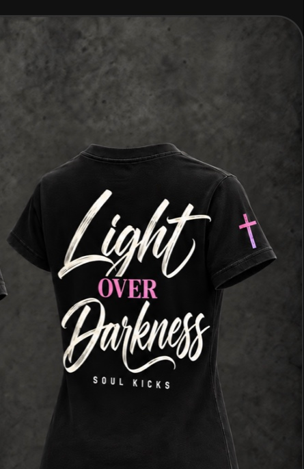 Light Over Darkness tee - Grace edition, script lettering, pink accent