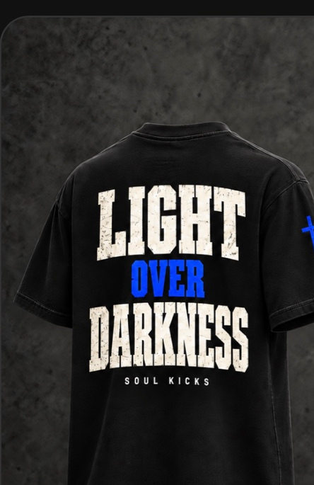 Light Over Darkness tee - Royal edition, bold block lettering, blue accent