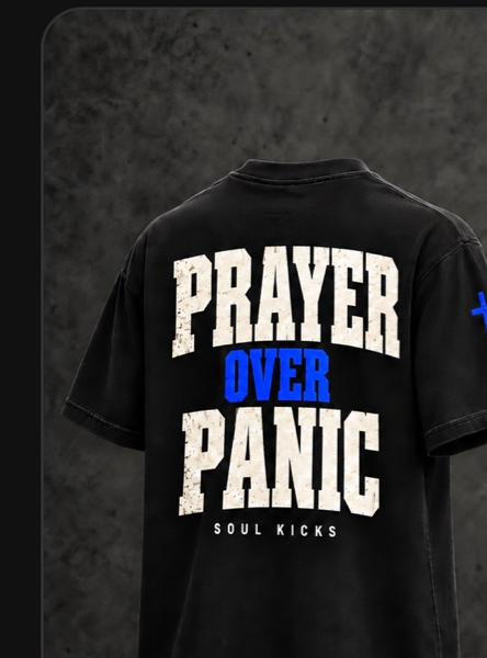 Prayer Over Panic tee - Royal edition, bold block lettering, blue accent
